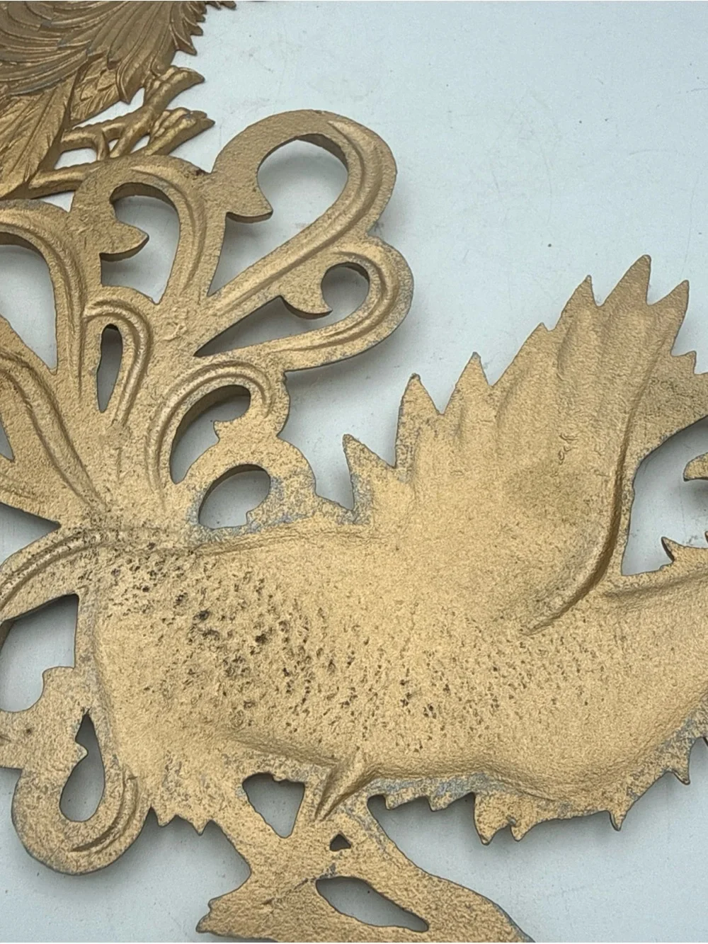 2 VTG Fighting Roosters  Gold Color Painted Cast Metal Wall Decor 9”  Farmhouse